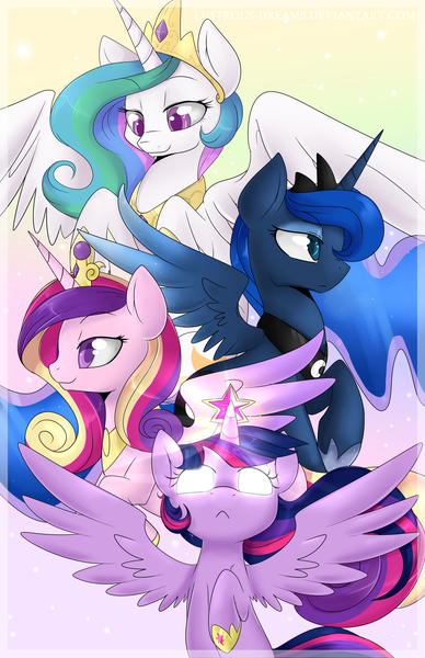 Size: 3300x5100 | Tagged: safe, artist:lustrous-dreams, derpibooru import, princess cadance, princess celestia, princess luna, twilight sparkle, twilight sparkle (alicorn), alicorn, pony, :<, absurd resolution, alicorn tetrarchy, female, glowing eyes, glowing horn, horn, magic, mare, raised hoof, smiling, spread wings, wings
