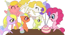 Size: 1300x700 | Tagged: artist:otterlore, baby frosting, best wishes, cake, derpibooru import, food, g1, g1 to g4, generation leap, party time, safe, simple background, surprise, transparent background, yum yum