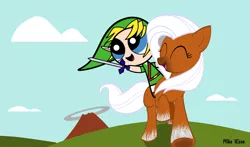 Size: 800x470 | Tagged: safe, artist:mikethemike, derpibooru import, ponified, earth pony, pony, bubbles (powerpuff girls), crossover, cute, epona, eponadorable, female, hyrule field, link, mare, style emulation, the legend of zelda, the powerpuff girls