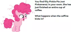 Size: 513x234 | Tagged: bronybait, coffee, cute, derpibooru import, female, filly, pinkie found the coffee, pinkie pie, question, safe, text, this will end in tears, xk-class end-of-the-world scenario