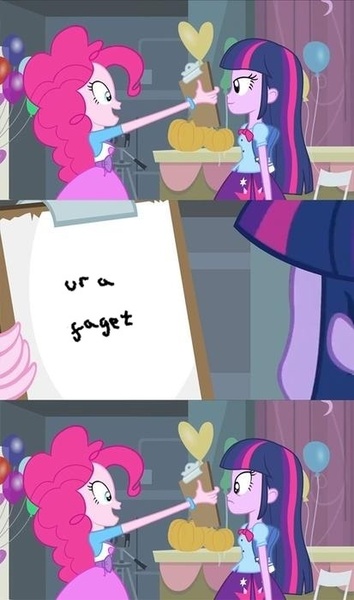 Size: 413x700 | Tagged: safe, derpibooru import, edit, edited screencap, screencap, pinkie pie, twilight sparkle, equestria girls, equestria girls (movie), clipboard, comic, duo, faggot, pinkie's clipboard, screencap comic, ur a faget, vulgar