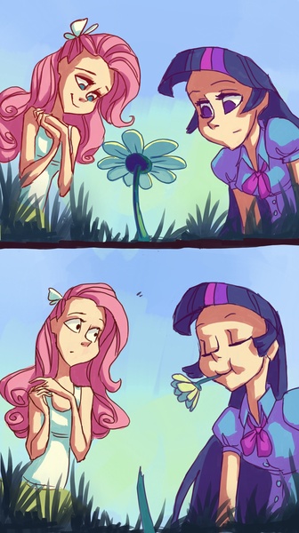 Size: 1629x2913 | Tagged: safe, artist:holivi, derpibooru import, fluttershy, twilight sparkle, human, equestria girls, 2 panel comic, comic, eating, eyes closed, flower, human coloration, humanized, humans doing horse things, no pupils, nom