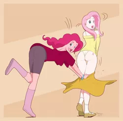 Size: 866x853 | Tagged: artist:trebuxet, ass, assisted exposure, breasts, butt, clothes, dakking, derpibooru import, fluttershy, frilly underwear, human, humanized, panties, pantsing, pinkie pie, prank, suggestive, surprised, underwear, undressing, yellow underwear