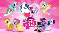 Size: 1136x640 | Tagged: applejack, bridesmaid dress, clothes, derpibooru import, dress, fluttershy, gameloft, loading screen, mane seven, mane six, my little pony logo, pinkie pie, princess cadance, rainbow dash, rarity, safe, screencap, shining armor, spike, twilight sparkle