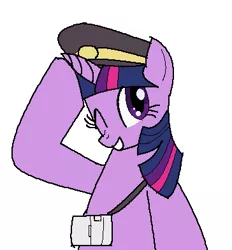 Size: 364x392 | Tagged: artist:tetsutowa, derpibooru import, hat, railfan twilight, safe, salute, simple background, solo, twilight sparkle, white background