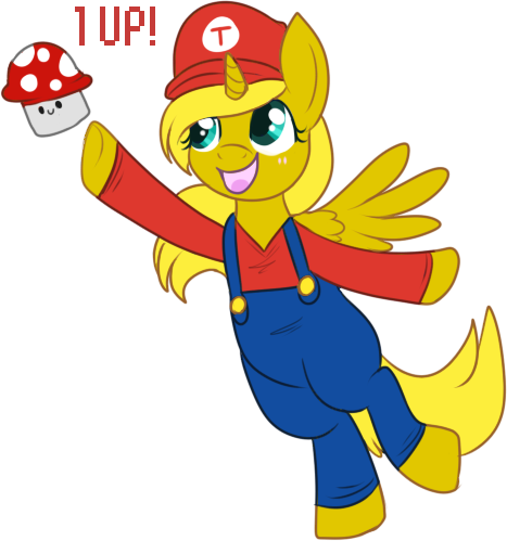 Size: 467x499 | Tagged: safe, artist:lulubell, derpibooru import, oc, oc:ticket, unofficial characters only, alicorn, pony, alicorn oc, bipedal, clothes, crossover, hat, horn, mario, mushroom, nintendo, overalls, simple background, solo, super mario bros., transparent background, wings
