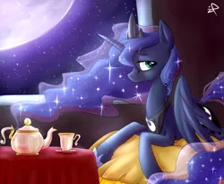 Size: 2200x1800 | Tagged: artist:ifthemainecoon, bed, cup, derpibooru import, food, moon, moonlight, night, princess luna, safe, solo, tea, teacup, teapot