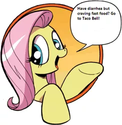 Size: 421x431 | Tagged: bad advice fluttershy, derpibooru import, exploitable meme, fluttershy, idw, implied diarrhea, meme, safe, taco bell