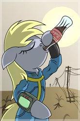 Size: 726x1101 | Tagged: safe, artist:friendshipismetal777, derpibooru import, derpy hooves, pegasus, pony, bottle, coke, coke bottle, drink, drinking, fallout, fallout 3, female, mare, nuka cola, soda, solo, sun