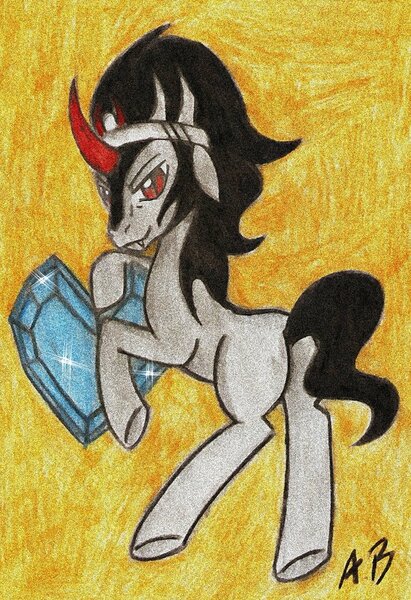 Size: 740x1079 | Tagged: suggestive, artist:rossmaniteanzu, derpibooru import, king sombra, pony, unicorn, butt, crystal empire, crystal heart, dark magic, magic, male, plot, smiling, solo, solo male, sombutt, stupid sexy sombra, traditional art