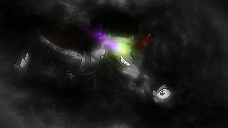 Size: 1024x576 | Tagged: dead source, safe, artist:tzolkine, derpibooru import, king sombra, crystal pony, pony, umbrum, crystal empire, dark magic, darkness, looking up, magic, slave, sombra eyes, wallpaper