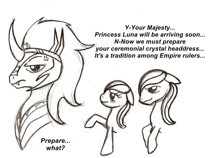 Size: 1628x1220 | Tagged: dead source, safe, artist:rossmaniteanzu, derpibooru import, king sombra, crystal pony, pony, ceremonial headdress, crystal empire, sketch