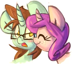 Size: 1126x997 | Tagged: safe, artist:leadhooves, derpibooru import, oc, oc:kneaded rubber, oc:succy, unofficial characters only, pony, unicorn, blushing, glasses, nuzzling