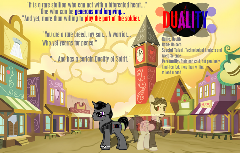 Size: 3434x2192 | Tagged: safe, derpibooru import, oc, ponified, unofficial characters only, pegasus, pony, unicorn, pony creator, appleloosa, building, character profile, clock, clock tower, clothes, duality, facial hair, glasses, male, moustache, nikola tesla, quote, stallion, text, vest, watch