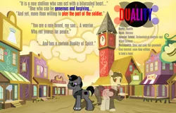 Size: 3434x2192 | Tagged: safe, derpibooru import, oc, ponified, unofficial characters only, pegasus, pony, unicorn, pony creator, appleloosa, building, character profile, clock, clock tower, clothes, duality, facial hair, glasses, male, moustache, nikola tesla, quote, stallion, text, vest, watch
