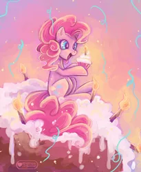 Size: 1024x1251 | Tagged: artist:meownyo, candle, confetti, cupcake, dead source, derpibooru import, food, happy, micro, pinkie pie, safe, solo, streamers, torch