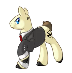 Size: 685x692 | Tagged: safe, artist:gasmaskmonster, derpibooru import, ponified, earth pony, pony, agent 47, bald, barcode, clothes, cuffs (clothes), formal, frown, hitman, insignia, looking at you, necktie, scowl, simple background, solo, suit, transparent background, unshorn fetlocks