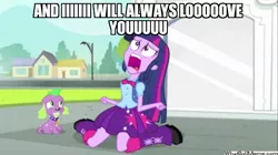 Size: 600x337 | Tagged: safe, derpibooru import, edit, edited screencap, screencap, spike, twilight sparkle, dog, equestria girls, equestria girls (movie), dolly parton, duo, exploitable meme, i will always love you, meme, screaming, song, song reference, spike the dog, twiscream, whitney houston