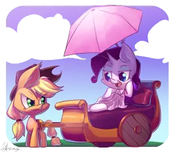 Size: 4104x3650 | Tagged: applejack, artist:jggjqm522, cart, chariot, chibi, derpibooru import, rarity, safe, umbrella