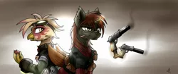Size: 2500x1050 | Tagged: safe, artist:whitepone, derpibooru import, oc, oc:double tap, oc:paharita, unofficial characters only, gryphon, fallout equestria, fallout equestria: anywhere but here, fanfic art, goggles, gun, weapon