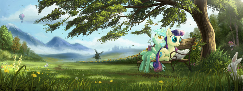 Size: 3266x1224 | Tagged: safe, artist:devinian, derpibooru import, bon bon, derpy hooves, doctor whooves, lyra heartstrings, pinkie pie, sweetie drops, time turner, insect, pegasus, pony, rabbit, wasp, equestria daily, animal, bench, doctorderpy, drink, duo focus, female, goggles, hot air balloon, male, mare, newspaper, pinkie spy, scenery, scenery porn, shipping, straight, twinkling balloon, under the tree, windmill