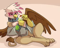 Size: 1250x1000 | Tagged: safe, artist:madmax, derpibooru import, oc, oc:paharita, unofficial characters only, gryphon, fallout equestria, fallout equestria: anywhere but here, alcohol, chillaxing, fanfic art, female, martini, solo, undressing