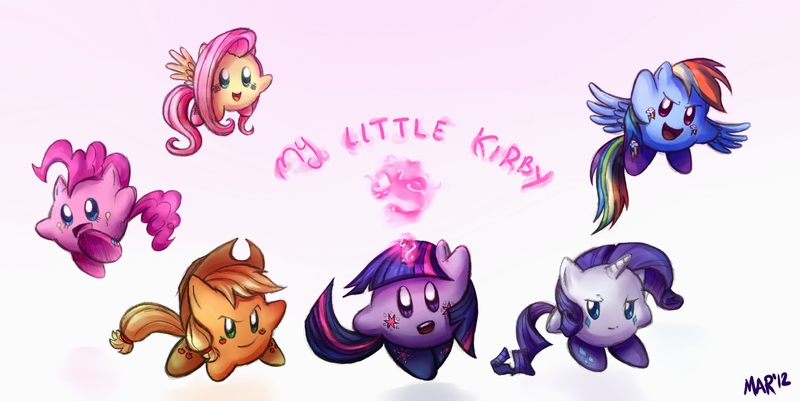 Size: 1462x732 | Tagged: applejack, artist:marraphy, crossover, cute, derpibooru import, fluttershy, happy, kirby, kirby applejack, kirby (character), kirby dash, kirbyfied, kirby fluttershy, kirby pie, kirby rarity, kirby twilight, mane six, my little kirby, nintendo, pinkie pie, rainbow dash, rarity, safe, species swap, twilight sparkle