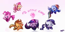 Size: 1462x732 | Tagged: applejack, artist:marraphy, crossover, cute, derpibooru import, fluttershy, happy, kirby, kirby applejack, kirby (character), kirby dash, kirbyfied, kirby fluttershy, kirby pie, kirby rarity, kirby twilight, mane six, my little kirby, nintendo, pinkie pie, rainbow dash, rarity, safe, species swap, twilight sparkle