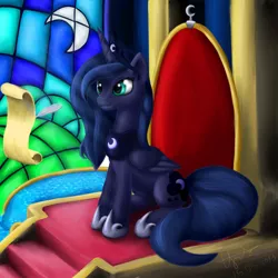 Size: 900x900 | Tagged: artist:1nakir1, derpibooru import, princess luna, safe, sitting, solo, stained glass, throne