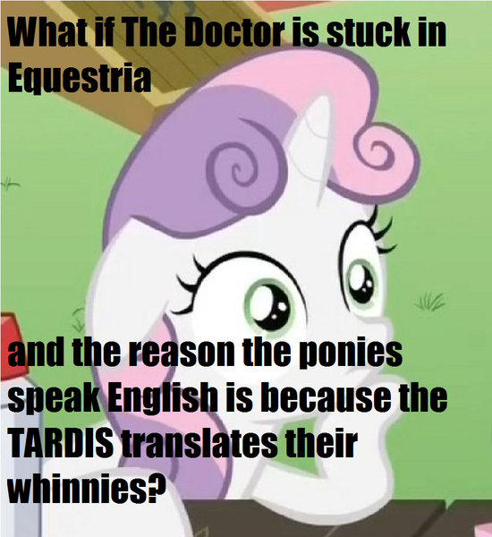 Size: 884x964 | Tagged: derpibooru import, doctor who, doctor whooves, edit, edited screencap, exploitable meme, image macro, meme, obligatory pony, ponyville confidential, safe, screencap, sudden clarity sweetie belle, sweetie belle, tardis, time turner