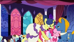 Size: 783x444 | Tagged: safe, derpibooru import, screencap, bruce mane, eclair créme, gold slipper, jangles, lyrica lilac, perfect pace, pinkie pie, pony, the best night ever, butt, female, grand galloping gala, mare, mistress hoofjob, plot