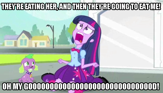 Size: 648x370 | Tagged: safe, derpibooru import, edit, edited screencap, screencap, spike, twilight sparkle, dog, equestria girls, equestria girls (movie), big omg, caption, duo, exploitable meme, image macro, meme, oh my god, spike the dog, text, troll 2, twiscream