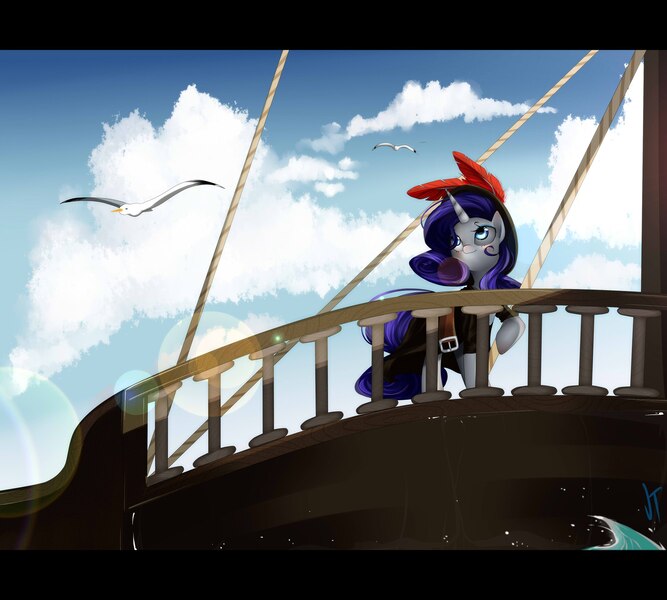 Size: 2276x2048 | Tagged: artist:vardastouch, bird, clothes, derpibooru import, hat, rarity, safe, seagull, ship, solo, water