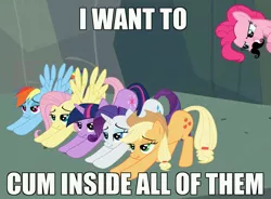 Size: 792x584 | Tagged: suggestive, derpibooru import, applejack, fluttershy, pinkie pie, rainbow dash, rarity, twilight sparkle, earth pony, pegasus, pony, unicorn, caption, exploitable meme, facial hair, female, imminent sex, implied futa, iwtcird, line-up, mane six, mare, meme, moustache, rapeface, scrunchy face, vulgar