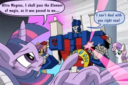 Size: 500x333 | Tagged: artist:gx, cropped, crossover, derpibooru import, edit, element of magic, horsepower, imminent death, safe, scootaloo, sweetie belle, transformers, twilight sparkle, ultra magnus