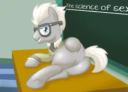 Size: 2082x1500 | Tagged: artist:acstlu, butt, chalkboard, classroom, covalent bond, cute, derpibooru import, featureless crotch, glasses, hooves, male, plot, solo, solo male, suggestive, table, underhoof