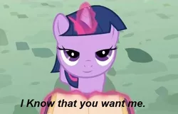 Size: 546x352 | Tagged: a canterlot wedding, bedroom eyes, book, bronybait, caption, derpibooru import, edit, edited screencap, female, filly, filly twilight sparkle, glowing horn, horn, image macro, inverted mouth, screencap, solo, suggestive, text, twilight sparkle, younger