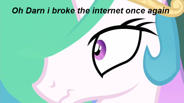 Size: 640x360 | Tagged: a canterlot wedding, caption, close-up, derpibooru import, edit, edited screencap, image macro, internet, princess celestia, safe, screencap, shocked, solo, source needed, text, trollestia, useless source url, wavy mouth, why