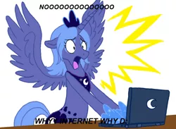 Size: 800x587 | Tagged: safe, artist:cartoonlion, derpibooru import, edit, princess luna, alicorn, pony, caption, computer, crown, dialogue, female, horseshoes, image macro, internet, jewelry, laptop computer, mare, open mouth, regalia, s1 luna, screaming, shocked, simple background, solo, spread wings, table, text, white background, wings