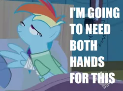 Size: 598x446 | Tagged: suggestive, derpibooru import, edit, edited screencap, screencap, rainbow dash, pegasus, pony, read it and weep, bed, caption, clopping, cropped, faic, female, hub logo, image macro, implied masturbation, mare, pillow, solo, text