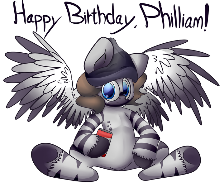 Size: 1280x1068 | Tagged: safe, artist:extradan, derpibooru import, oc, unofficial characters only, pegasus, pony, can, happy birthday, hat, philliam