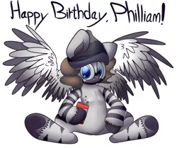 Size: 1280x1068 | Tagged: safe, artist:extradan, derpibooru import, oc, unofficial characters only, pegasus, pony, can, happy birthday, hat, philliam