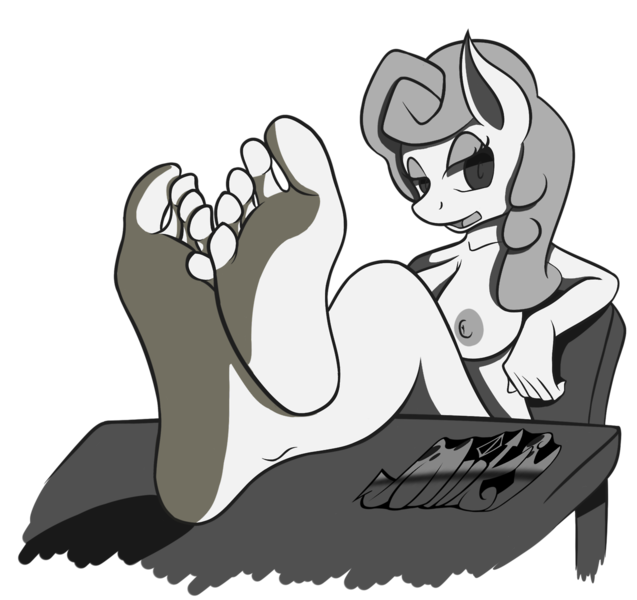 Size: 1280x1206 | Tagged: anthro, artist:miikymod, barefoot, black and white, breasts, busty carrot top, carrot top, derpibooru import, feet, female, fetish, foot fetish, foot focus, golden harvest, grayscale, monochrome, nipples, nudity, plantigrade anthro, questionable, soles, toes