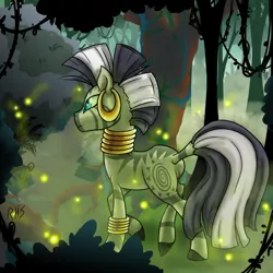 Size: 800x800 | Tagged: artist:14dreamer, butt, derpibooru import, firefly (insect), forest, insect, plot, safe, solo, zebra, zecora