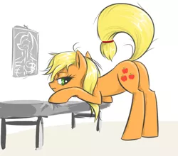 Size: 670x590 | Tagged: applejack, artist:madhotaru, bed, butt, derpibooru import, edit, female, hospital bed, messy mane, plot, presenting, raised tail, solo, solo female, suggestive, tail, x-ray, x-ray picture