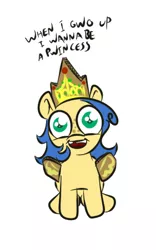 Size: 281x451 | Tagged: safe, artist:wizardski, derpibooru import, oc, oc:milky way, unofficial characters only, pony, cute, fake crown, fake wings, female, filly, looking at you, mare, open mouth, smiling, solo