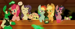 Size: 4200x1650 | Tagged: alcohol, applejack, artist:havikm66, bar, bartender, bits, bottle, clothes, derpibooru import, drink, fluttershy, glass, glowing horn, horn, leaning, looking at each other, magic, mane six, oc, open mouth, parasprite, pinkie pie, rainbow dash, rarity, safe, smiling, spike, telekinesis, twilight sparkle