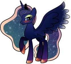 Size: 900x804 | Tagged: artist:zombiecollie, ask lusty luna, bedroom eyes, blushing, derpibooru import, eyeshadow, looking at you, lusty luna, makeup, missing accessory, open mouth, princess luna, raised hoof, safe, simple background, smiling, solo, spread wings, wings