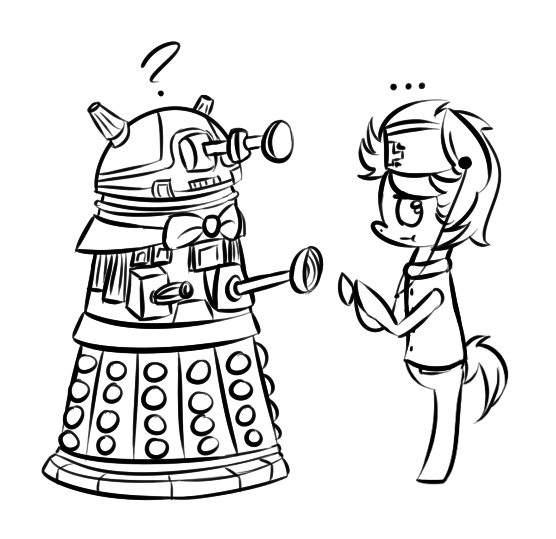 Size: 556x539 | Tagged: safe, artist:lilliesinthegarden, derpibooru import, doctor whooves, time turner, pony, ..., :t, bipedal, bow, dalek, doctor who, nurse, nurse turner, question mark, request, stethoscope