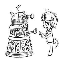 Size: 556x539 | Tagged: safe, artist:lilliesinthegarden, derpibooru import, doctor whooves, time turner, pony, ..., :t, bipedal, bow, dalek, doctor who, nurse, nurse turner, question mark, request, stethoscope